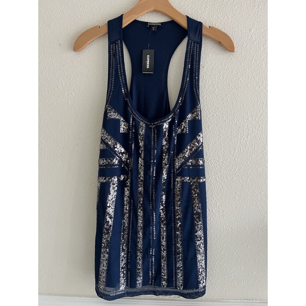 NWT Express Women’s M Navy Blue Silver Sequin Geometric Racerback Tank Top